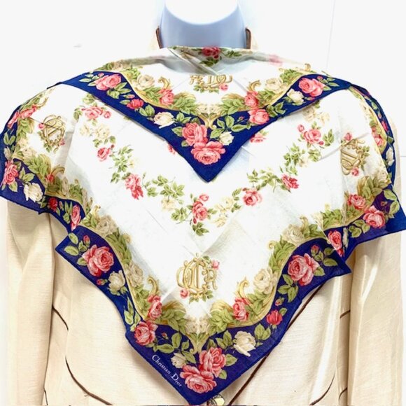 Christian Dior Accessories - New Unused Christian dior Handkerchief 19 " cotton white blue pink floral (99
